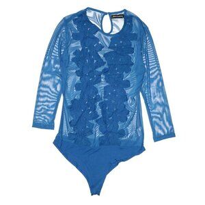 Boutique blue floral embroidered Mesh Body suit Top